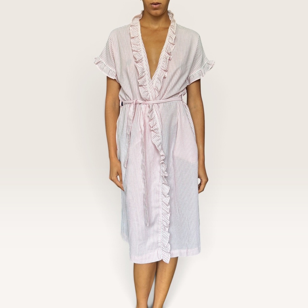 Vintage Evelyn Pearson Pink White Stripe Seersucker Robe Small Cottagecore